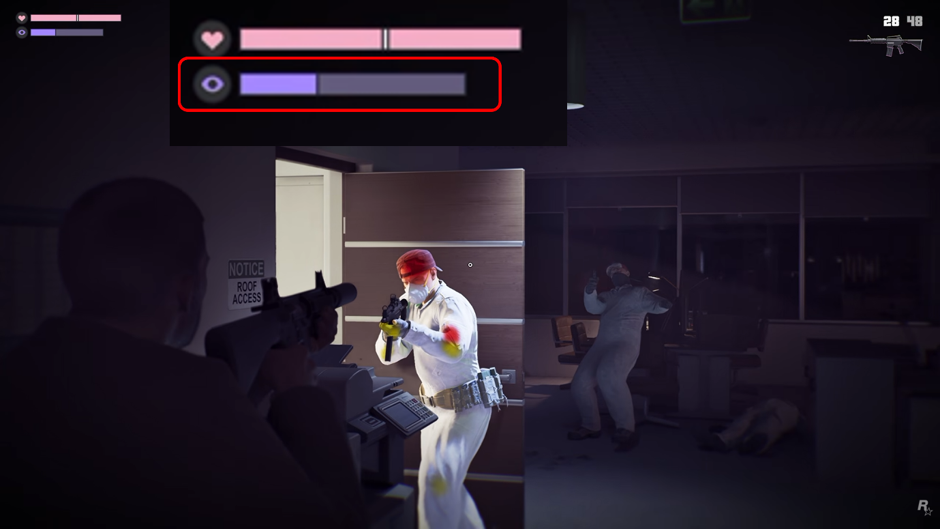 Health bar and eye focus gauge during a fight with white-suited enemies
