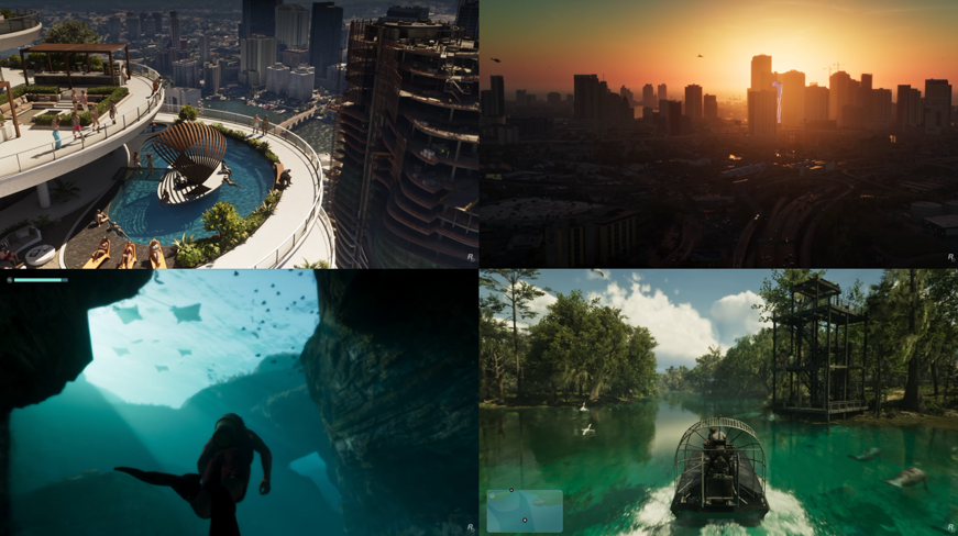 Rooftop pool, sunset skyline, underwater cave, swamp airboat