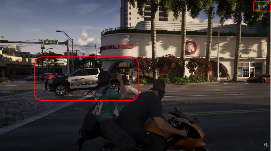 A Vice Beach police pickup at an intersection, with a character pointing at it